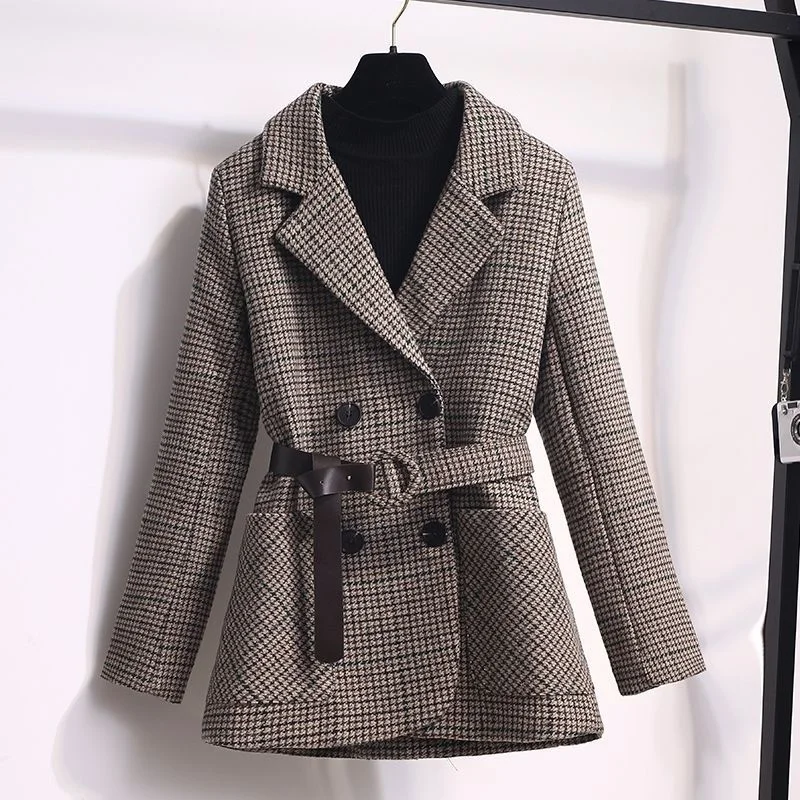 

2021 Autumn And Winter Women's Plaid Suit Korean Fashion Jacket Casual Belt Office Wool Jacket Women's Clothes