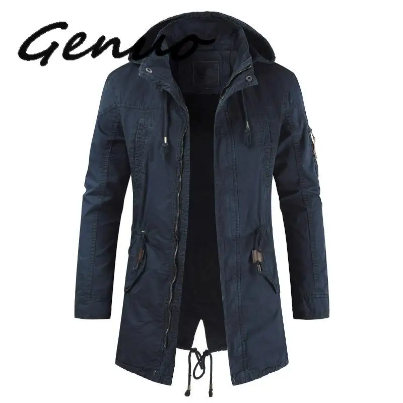 

Genuo New Men's Trench Coats 2019 Spring Cargo Windbreakers Male Hooded Outerwear With Detachable Hat Classic Trench Coat Man