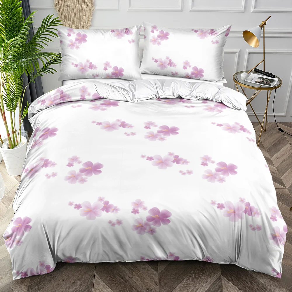 

3D Digital Purple Floral Duvet Cover Set White Custom Design Twin Queen King Size Bed Linen for Women Adults Soft Home Textile