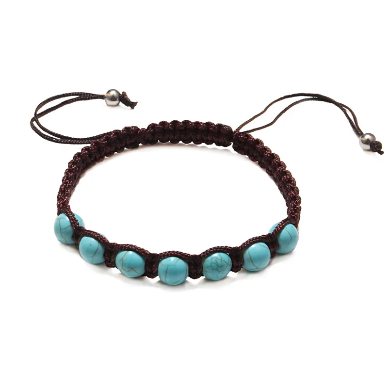 Натуральный камень голубой бирюзовый бисер браслет для мужчин Boho веревка