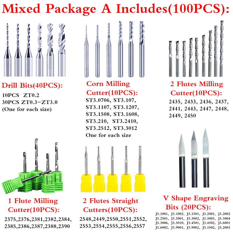 100 шт./компл. 1 Флейта 2 флейты sprial прямые Фрезерные фрезы v-образной формы
