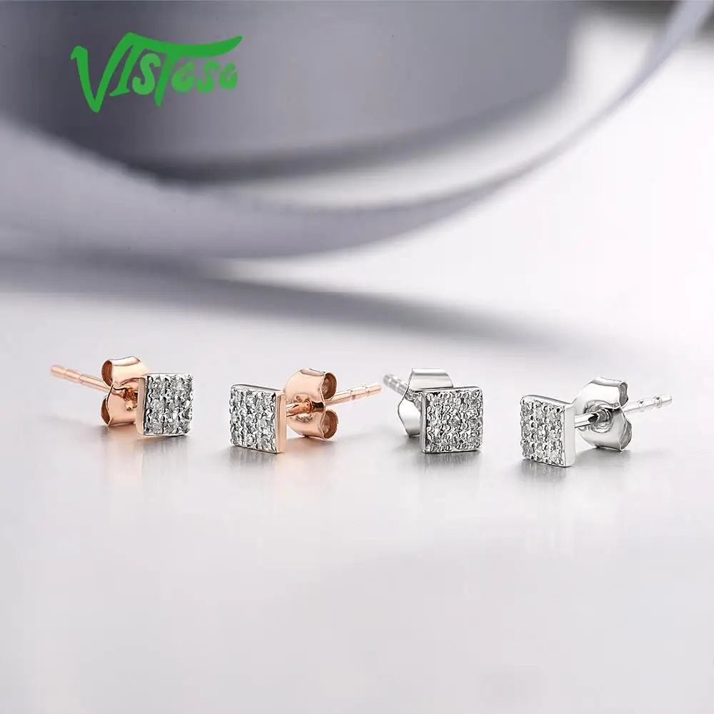 Серьги VISTOSO, золотые, для женщин, 14 K, 585, розовое золото, сверкающие бриллианты, изящные круглые серьги-гвоздики, модные ювелирные изделия