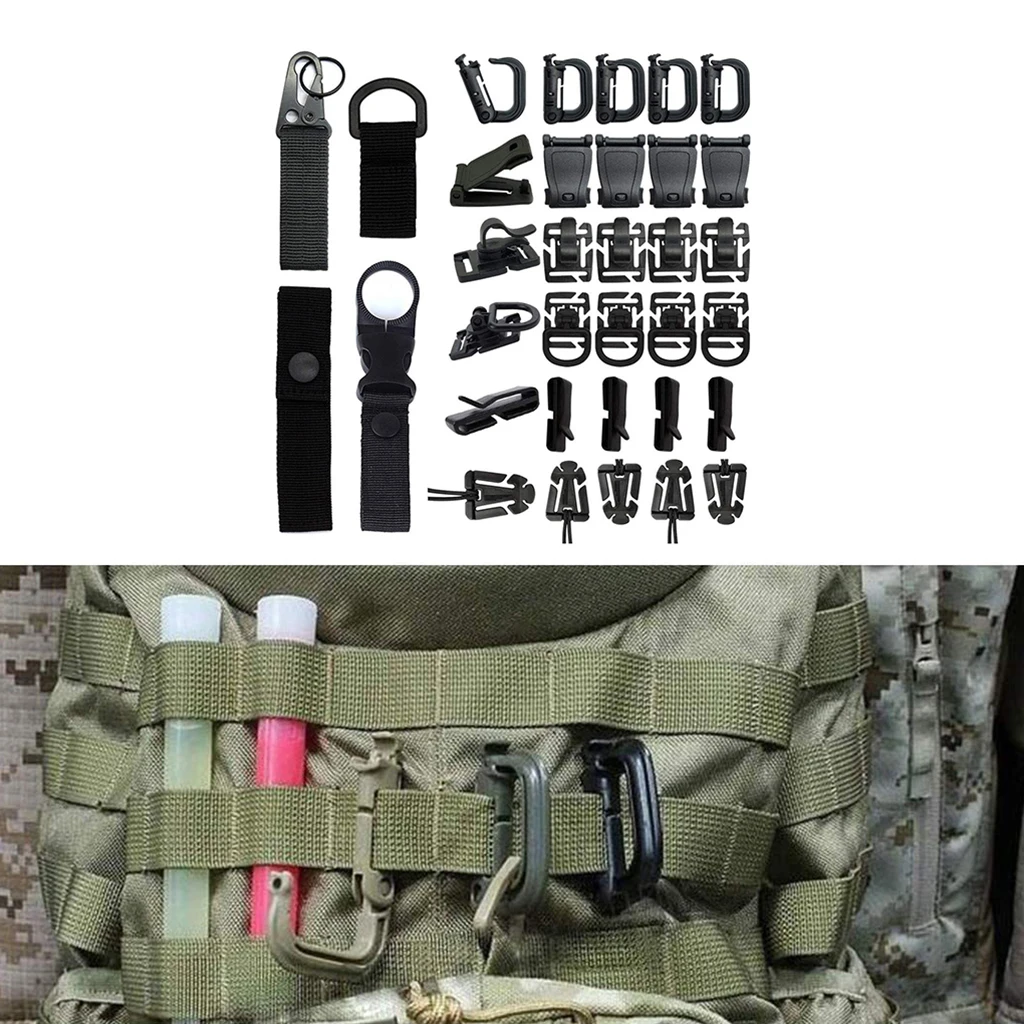 

34Pcs Tactical Gear Clip Buckle Strap D-ring Hooks Keychain Strap for Molle Backpack Webbing Attachments Outdoor Tools