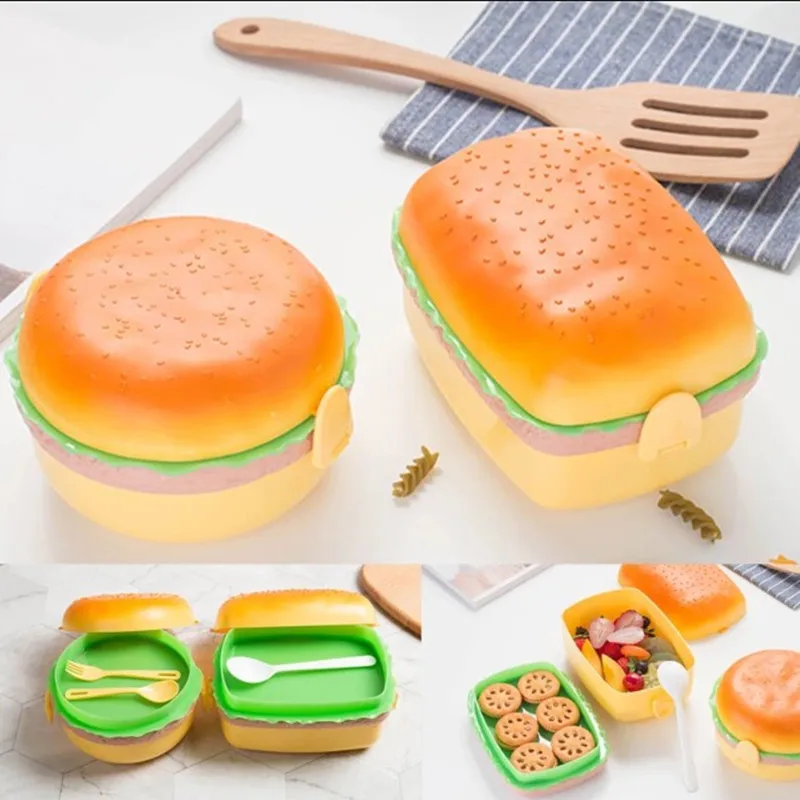 

Lunchbox Burger Hamburger Shape Round Lunch Boxs For Kids Food Containers Bento Sushi Dinnerware Set Food-grade PP Food Box 2021