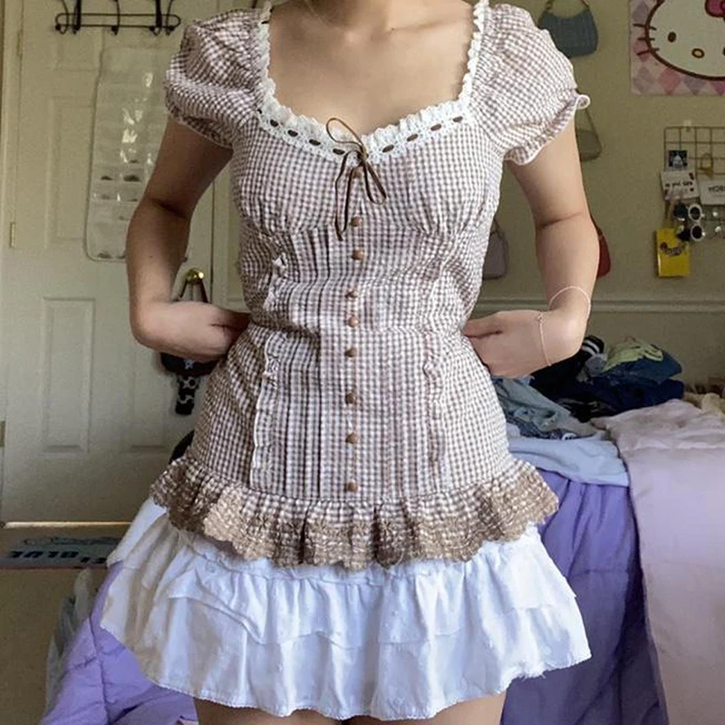 Y2k Kawaii Sweet короткий топ Fairycore Gunge Ретро клетчатая кружевная рубашка с оборками на