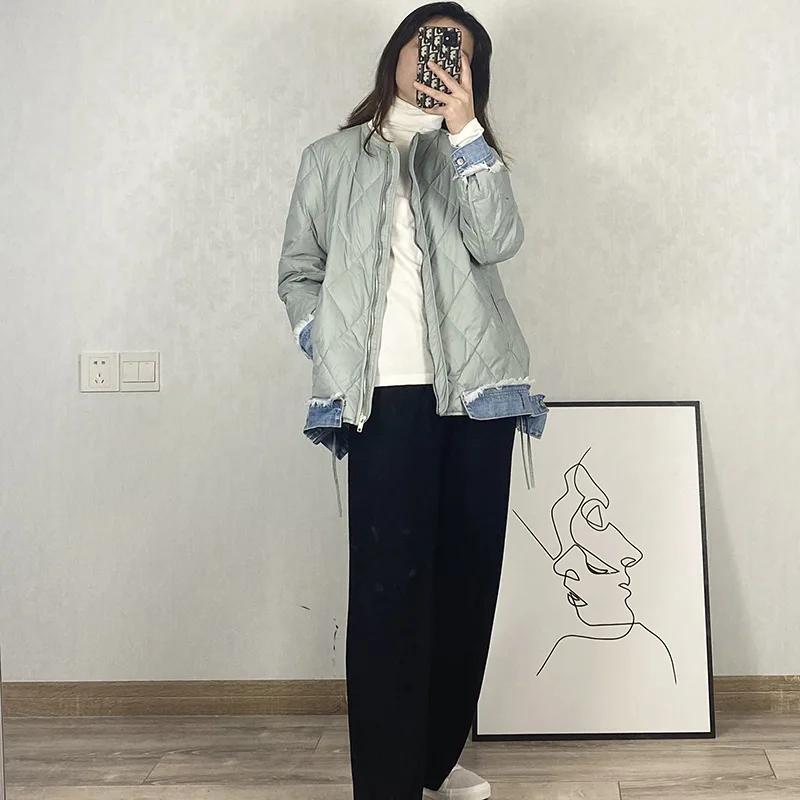 

Новинка Зима 2021, тонкая джинсовая пуховая куртка без воротника со стразами, Женская Повседневная теплая куртка с длинным рукавом