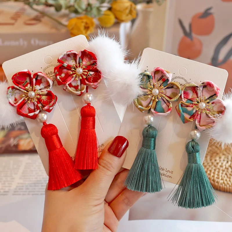 

2pcs/set New Year Hair Clips for Girls Cute Flowers Hairpins Hair Grips Kids Vintage Tassel Barrette Hair Accessories Gift
