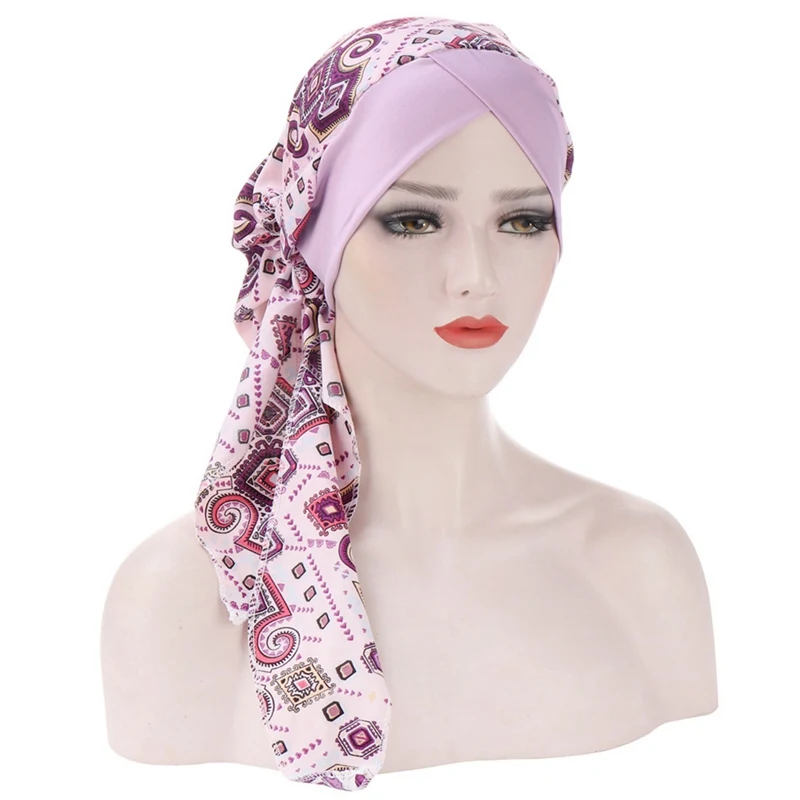 

Muslim Women Head Scarf Hijab Chemo Cap Turban Pre-Tied Headwear Bandana Cancer Hair Loss Headscarf Head Wrap Stretch Hat