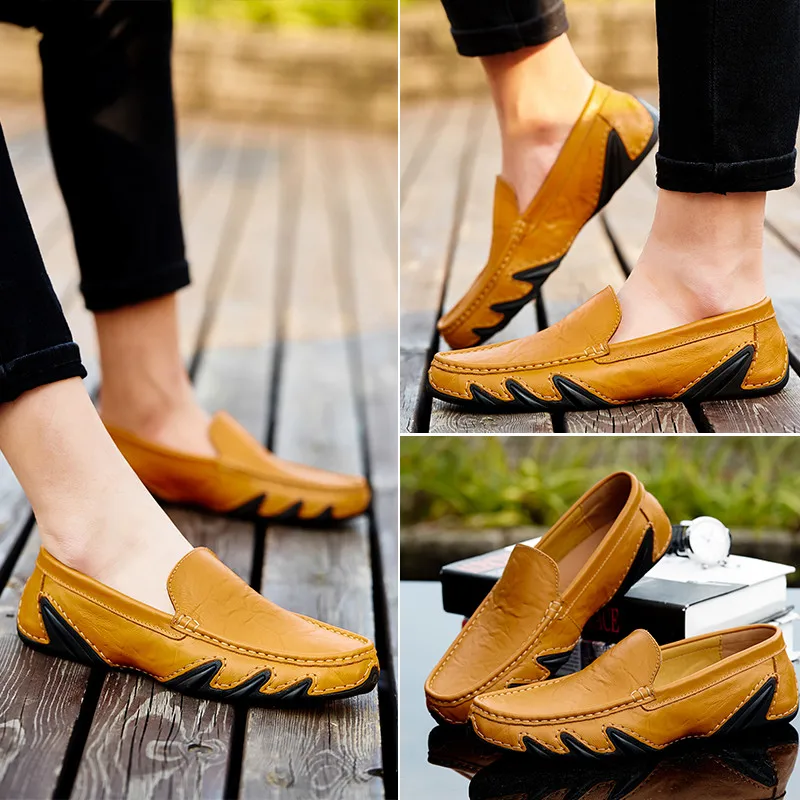 Мокасины мужские кожаные дышащие без застежки повседневная обувь для вождения