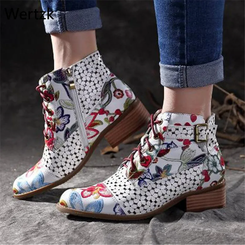 

Ink Painting Flower Pattern Boots Women Cow Leather Splicing Lace-Up Stitching Ankle Bootie Female Botas Feminina Dames Laarzen