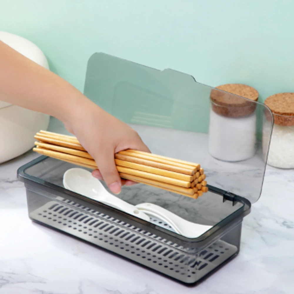

Flat Cutlery Tray Kitchen Drawer Storage Box with Lid and Drainer Plastic Kitchen Tray Cutlery Storage Box Dustproof Rack