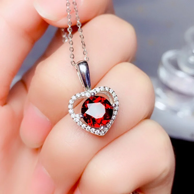 LeeChee natural garnet pendant for women daily 8mm wear wine red gemstone necklace real 925 solid sherling silver fine jewelry