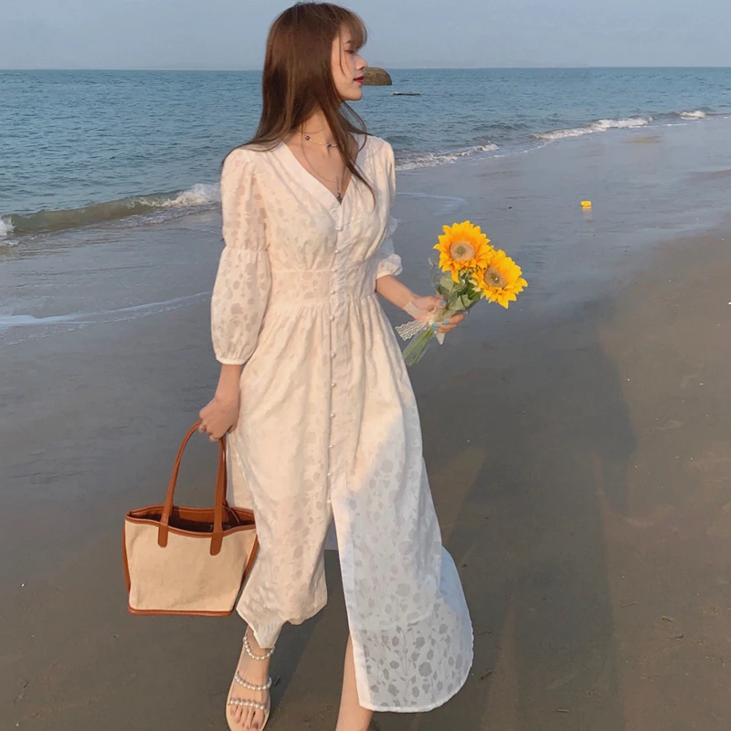 

Korejepo Women Dress 2021 Summer Ladies French Gentle Temperament V-Neck Puff Sleeve Seaside Vacation White Fairy Vestidos
