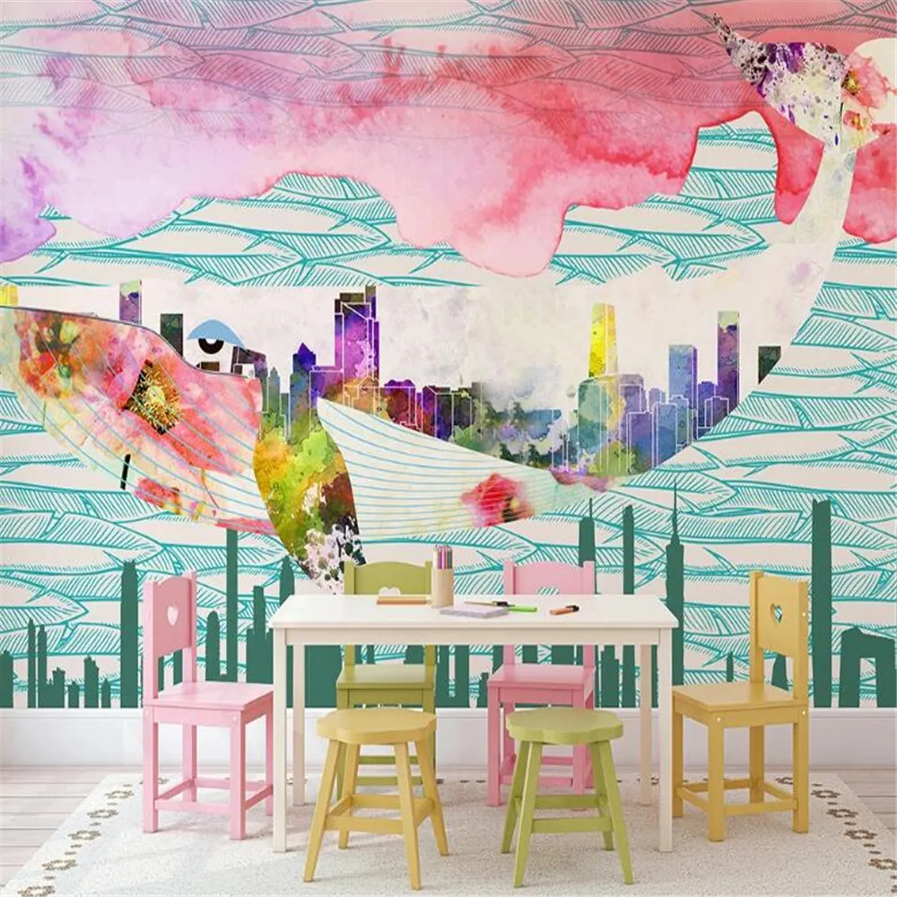 

Milofi manufacturers custom wallpaper mural 3d nordic watercolor ocean whale children's room background wallpaper mural
