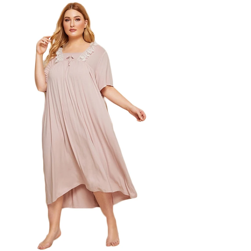 SHEIN плюс размер розовые контрастные кружевные ночные платья с коротким рукавом женские летние повседневные квадратные шеи большие размеры пижамы платье
