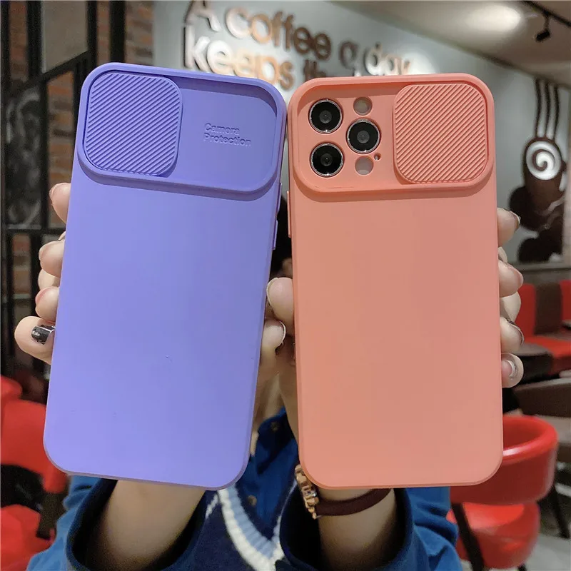 

Camera Lens Protection Phone Case For iPhone 11 12 Pro Max Mini 8 7 Plus Xr Xs Max X SE20 Plain Candy Color Sliding Shell Cover