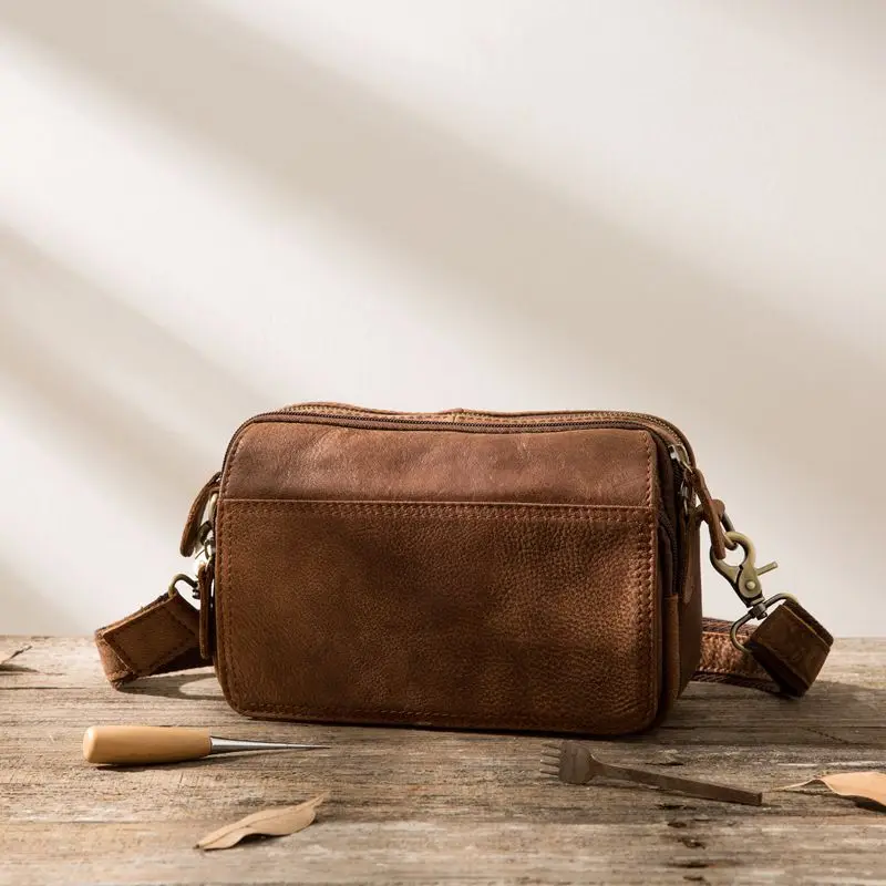 Genuine Leather Men Shoulder Bag Retro Brown Cowhide Flap Waist Pack Original Japanese Messenger Satchel Purse Travel  Belt Bags