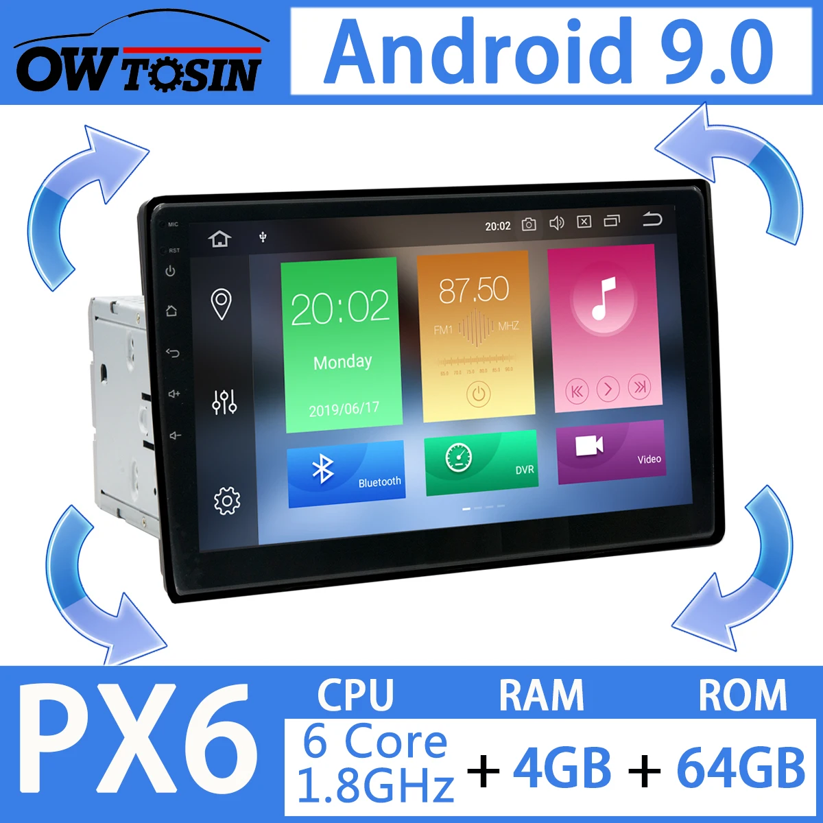 10," 180 ° вращающийся Android 9,0 PX6 4 Гб+ 64 Гб 2 Din 2Din универсальный радио Автомобильный мультимедийный DVD стерео плеер gps радио двойной Din