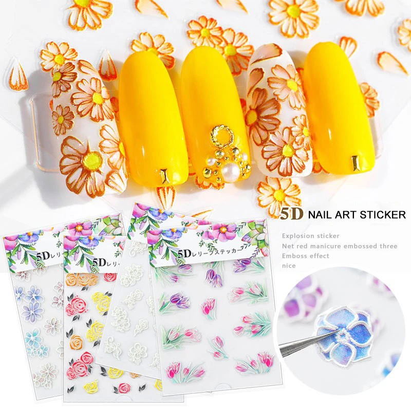 Новые 5D тисненые наклейки для ногтей цветок Бабочка Листья акриловые