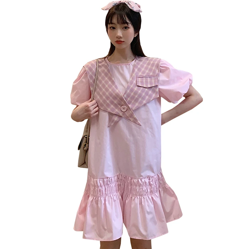 

In the new spring and summer leisure loose grid slope shoulder dress fashion suits female two dresses