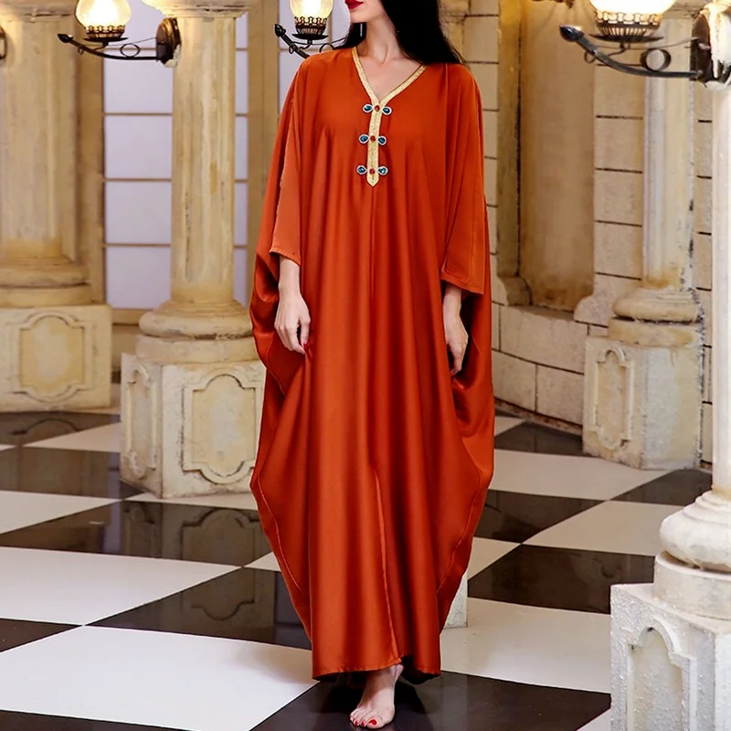 Beading Kaften Dress Muslim Women 2021 Summer Autumn New Fashion Orange Loose Casual Bat Sleeve Female Expansion Long Dresses