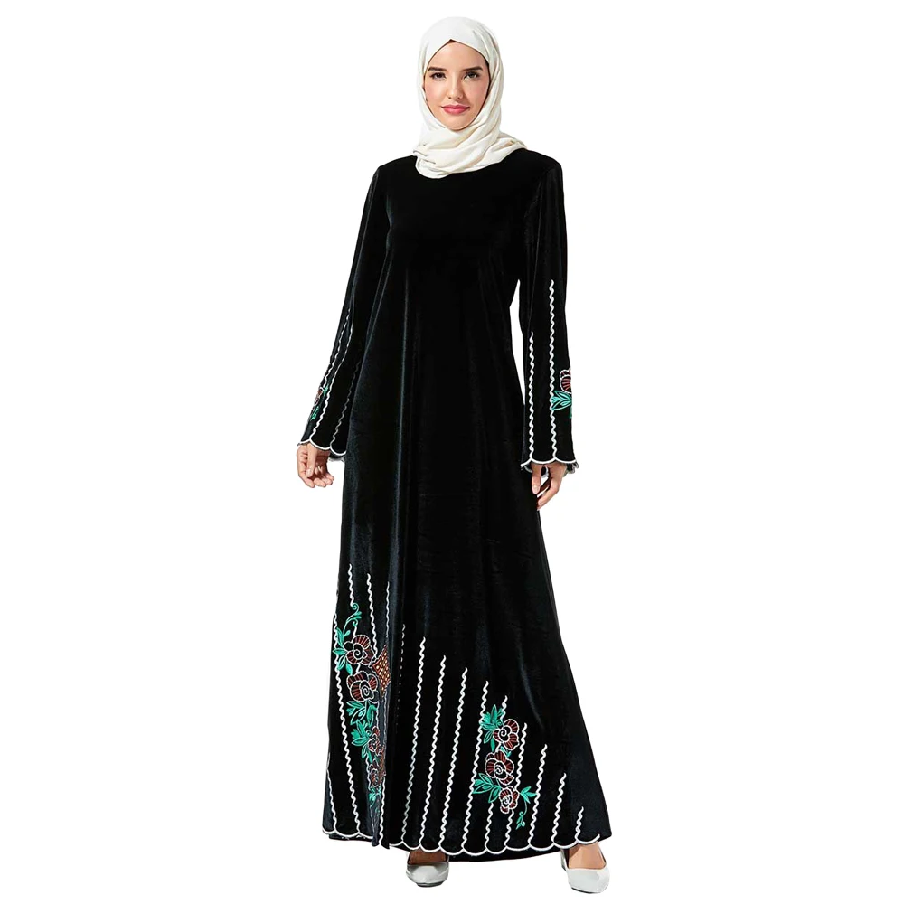 Dubai Women Long Sleeve Maxi Dress Muslim Abaya Velvet Embroidery Robe Kaftan Islamic Party Gown Arab Turkish Middle East Cloth |