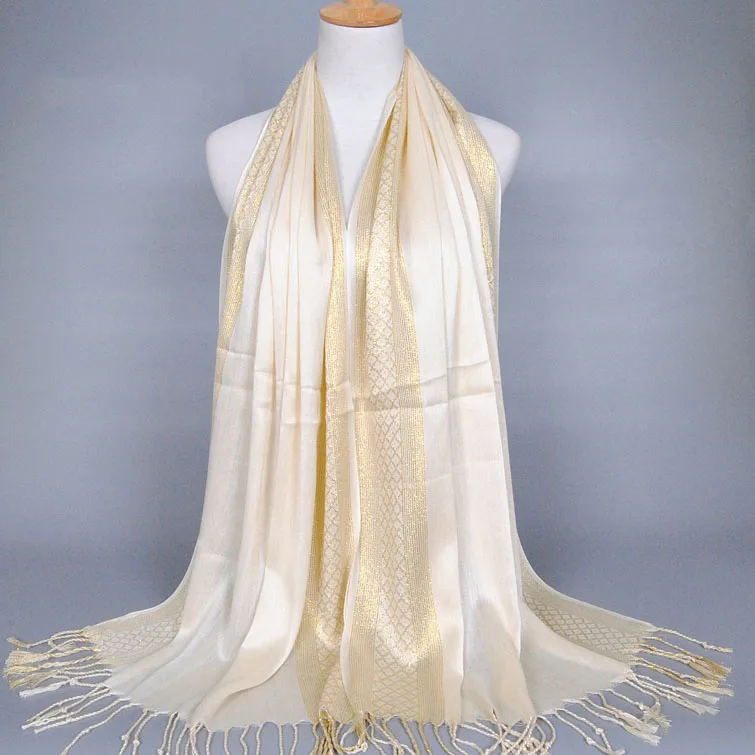 beige Cotton Lady Scarf Islamic Hot Sale Golden Thread Headband 16 Colors Scarves Women Soft Shawl Tassel Wrap - Цвет: beige