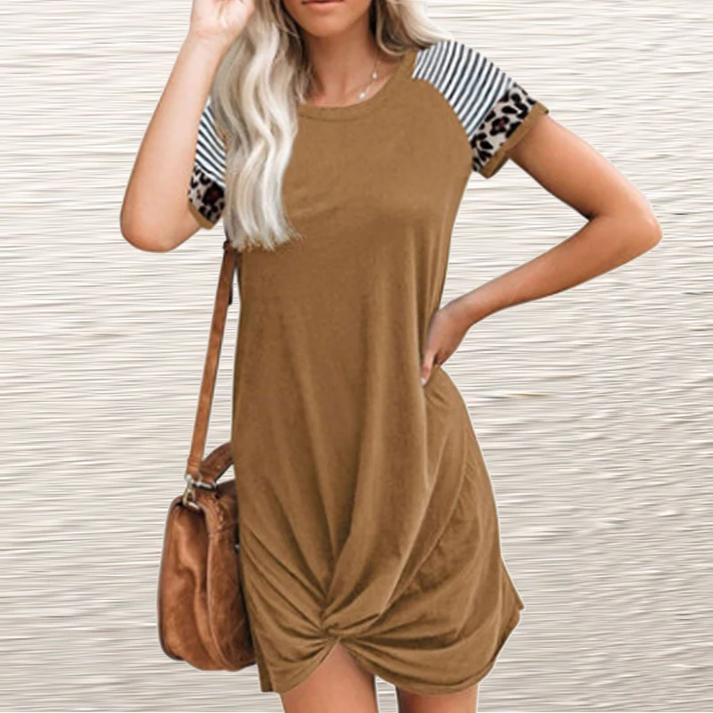 

90s Vintage Stitching Leopard Print Short Sleeve Dress Women Elegant Summer Loose Mini Dress 2021 New Casual Ladies Draped Dress