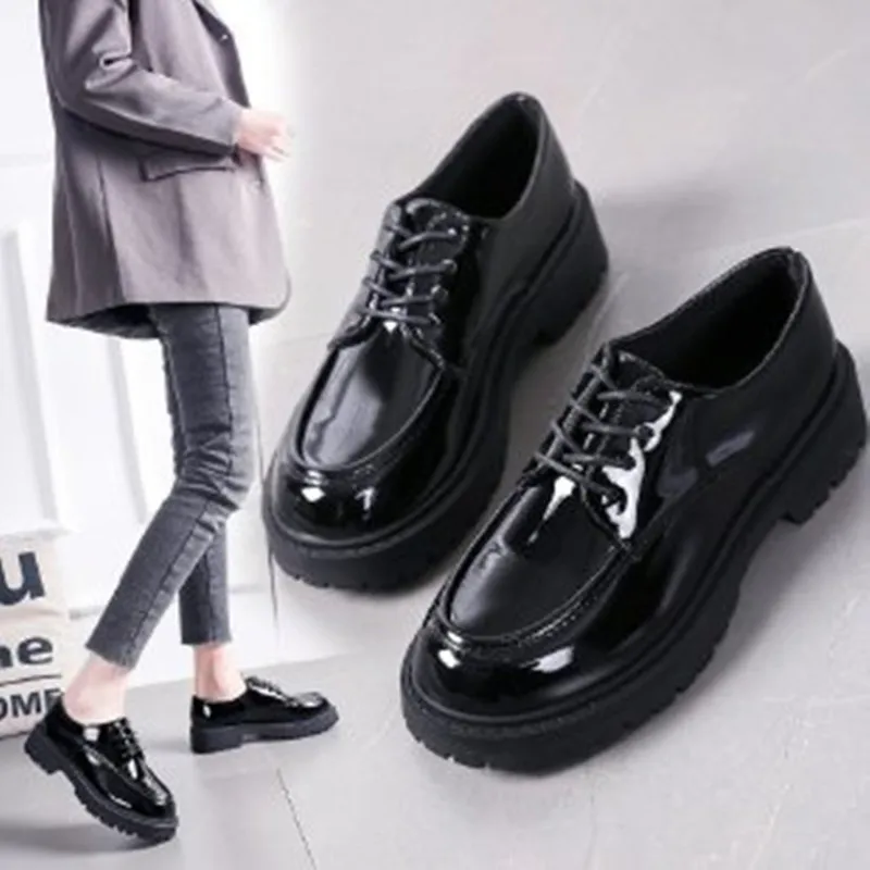 

Small Leather Shoes Korean Female Students British Style Black Women's Shoes Spring and Autumn Network Red In The Flat Shoes