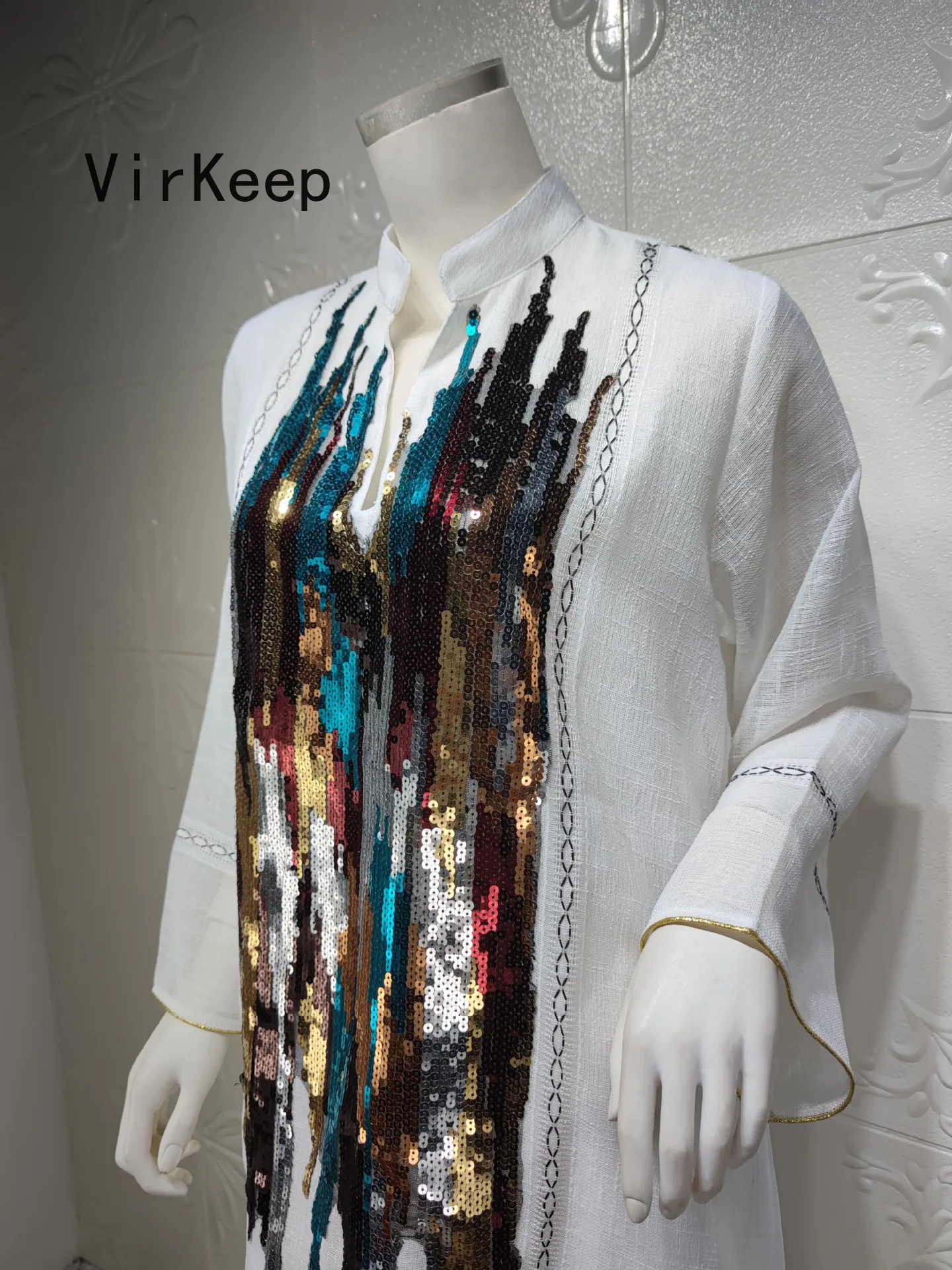 

women sequined maxi dress fashion double layered robe jalabiya ramadan Kaftan gown arabic Dubai islamic Muslim Abaya VKDR2475