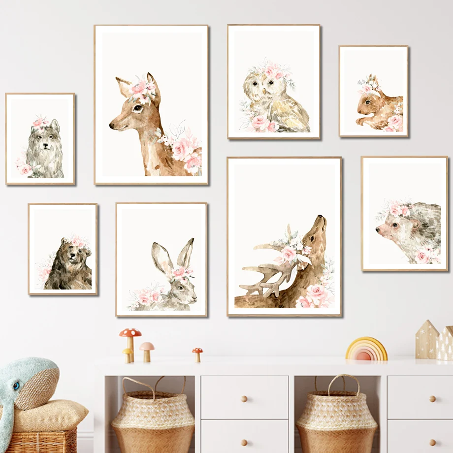 

Cute Bear Deer Wolf Rabbit Hedgehog Owl Wall Art Canvas Painting Nordic Posters And Prints Wall Pictures Kids Room Nursery Decor