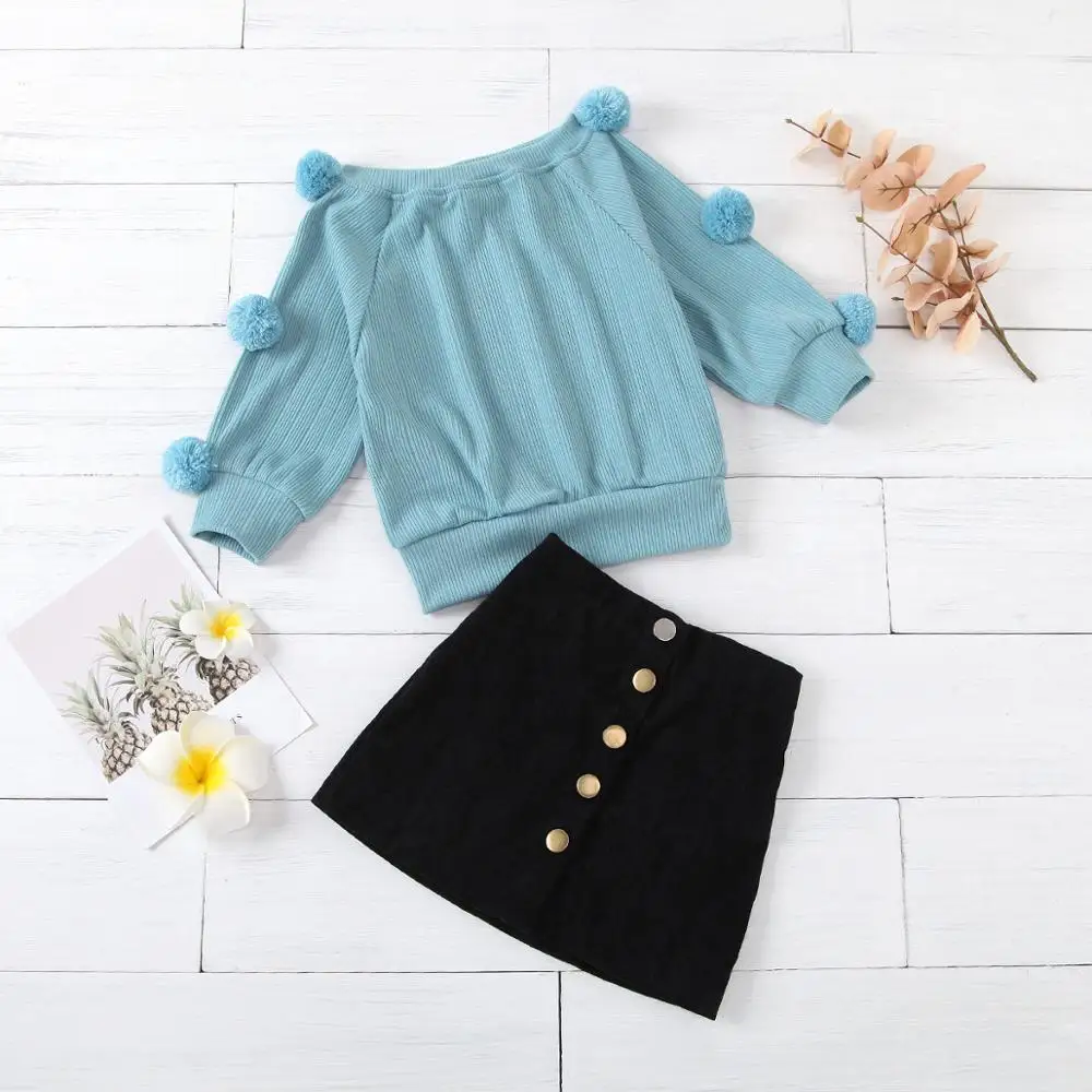 

2021 New Spring Children Girl Clothes Sets Girls Cotton Round Neck Long Sleeve Hair Ball Tops Denim Skirt A-line Skirt 2pcs Sets