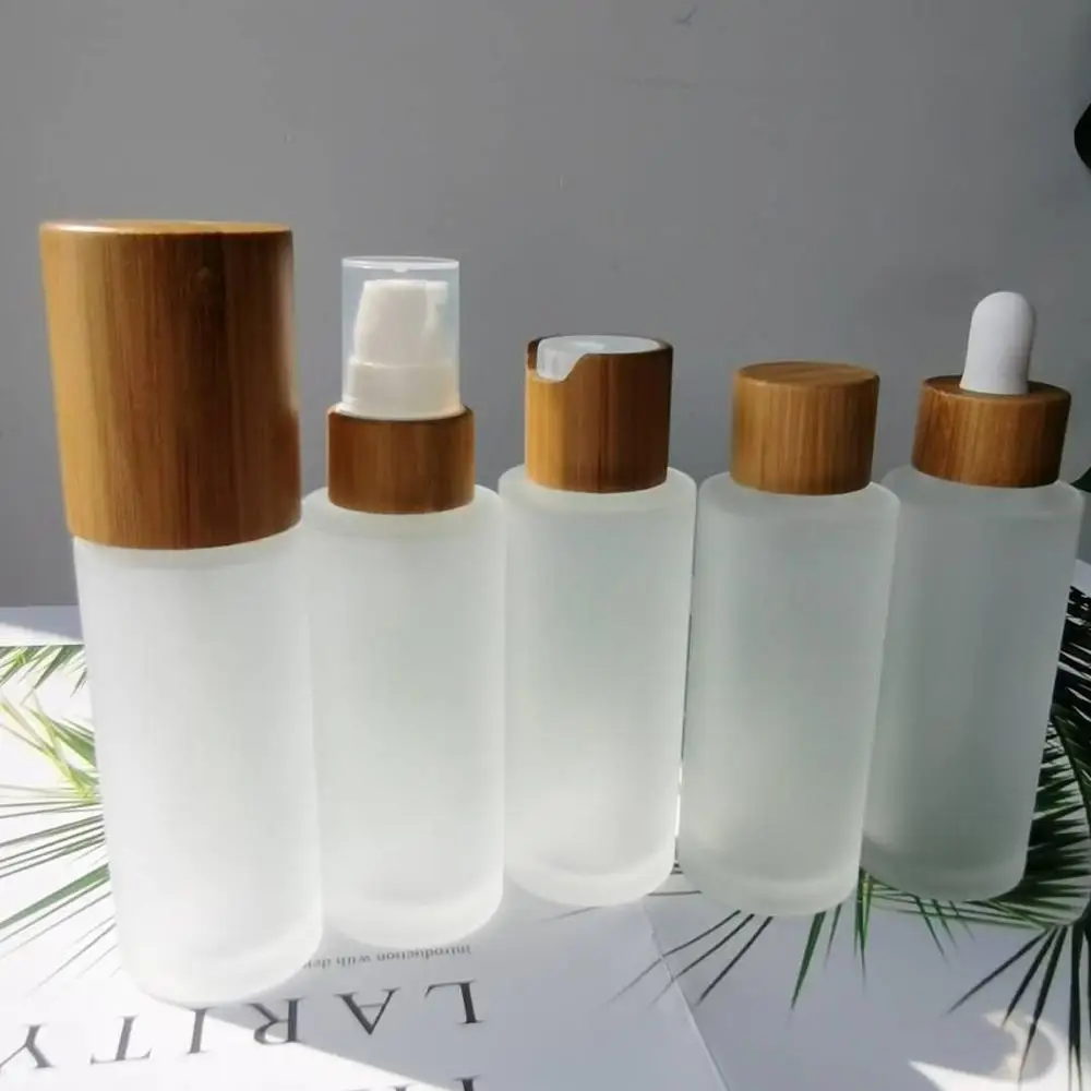 

small containers with lids 30ml 50ml 100ml 120ml 150m frosted glass bottle with bamboo lid refillable bottles