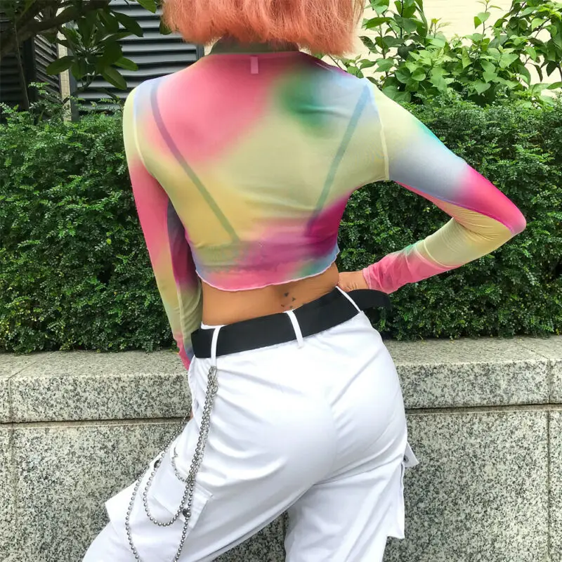 Женские сетчатые Прозрачные топы с длинным рукавом и высокой горловиной Женская