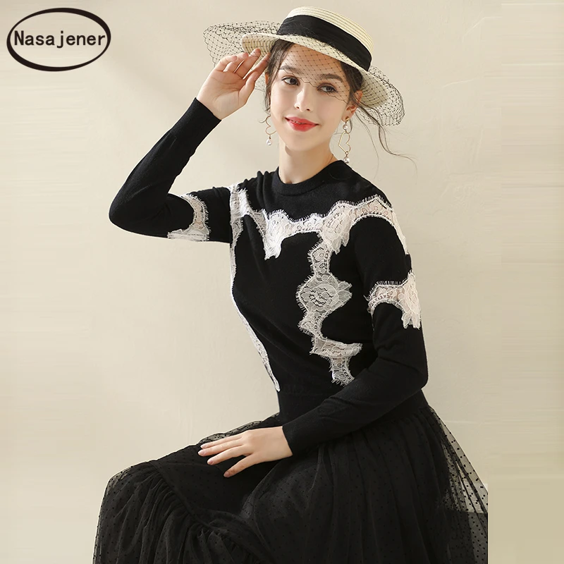 2019 Autumn Fashion Black Knitting Sweaters Women's Lace Splice Long Sleeve Elegant Vintage 100%Wool Pullovers Tops | Женская одежда