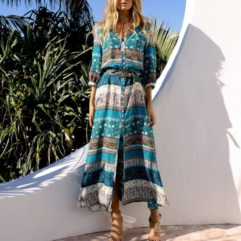 2021 Ladies Summer Holiday Bohemian Long Dress Spring Sexy Button V-neck Split Long Dress Women's Casual Printed Beach Party Dre