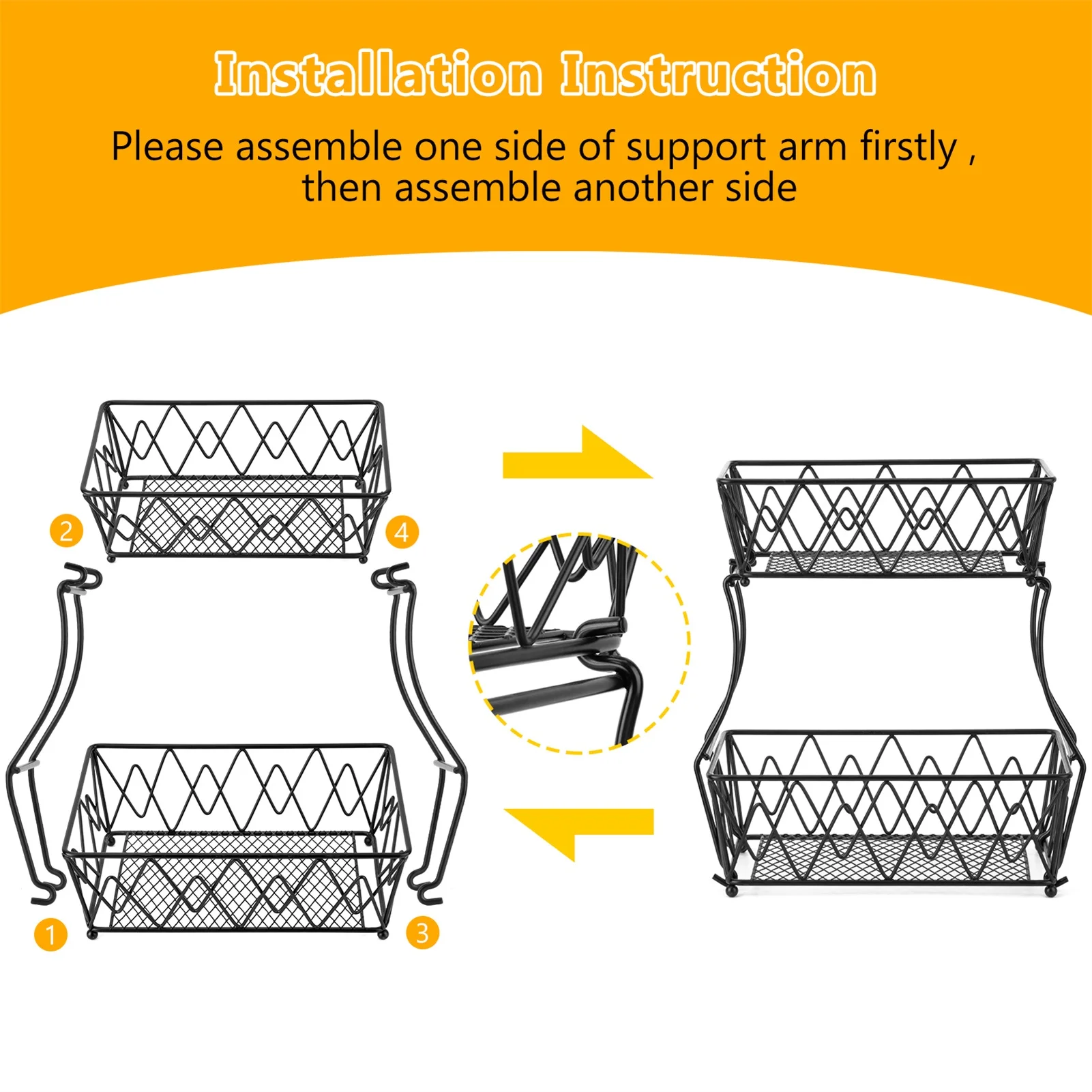 

Wrought Iron Detachable 2 Tier Fruit Basket Screwless Installation Kitchen Vegetables, Bread Display Stand Storage Holder