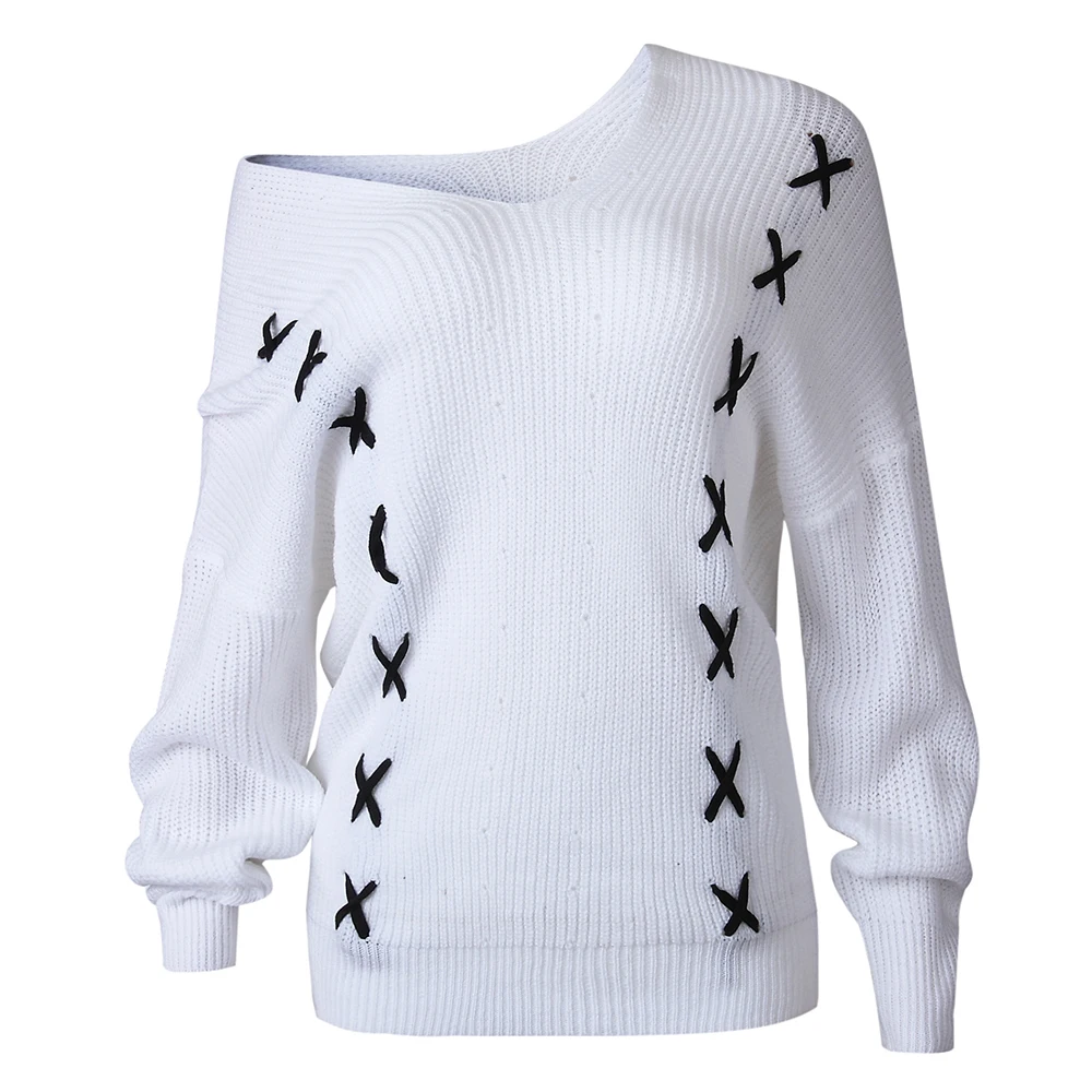 Jocoo Jolee Autumn Long Sleeve V Neck Sweater Sexy White Off Shoulder Lave Up Knitted Pullover High Street Tops Jumper 2019 | Женская