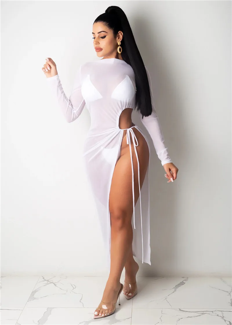 

Женское Прозрачное платье с длинным рукавом, круглым вырезом и разрезом по бокам, с завышенной талией, на шнуровке, прозрачное, сексуальное, ...