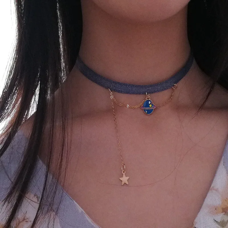 HUANZHI 2020 New Japanese Sweet Blue Lace Velvet Planet Pendant Clavicle Chain Choker Necklace for Women Vacation Jewelry | Украшения и