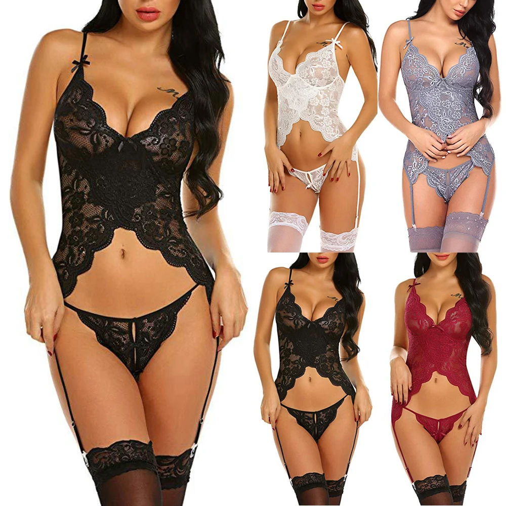 

Sexy Women Lace V-neck Bodysuit Underwear Thong With Garter Lingerie Set Seamless Underwear Backless Vest Sexy Panties 2021 Hot
