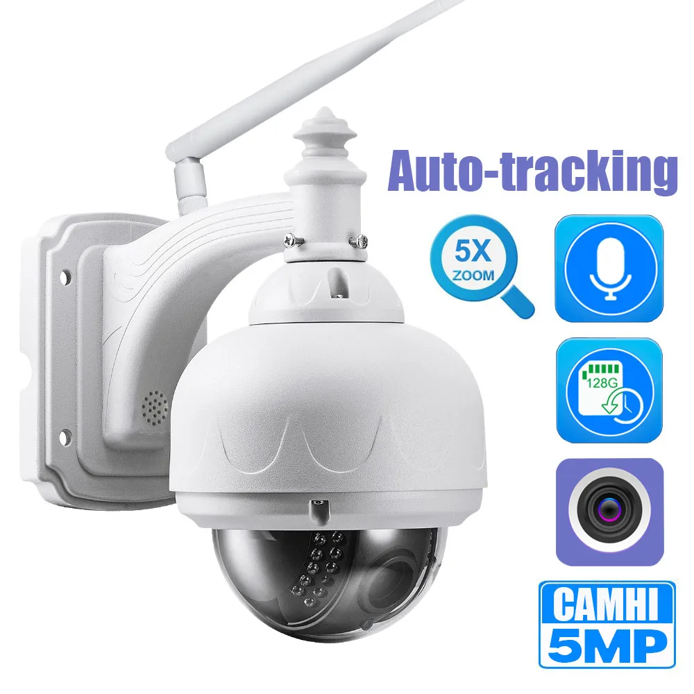 

Outdoor Aluminum Human Movement Follow 5MP HD People Auto Tracking WiFi IP Camera Dome 5X PTZ Audio Talk CamHi Phone APP SD Card