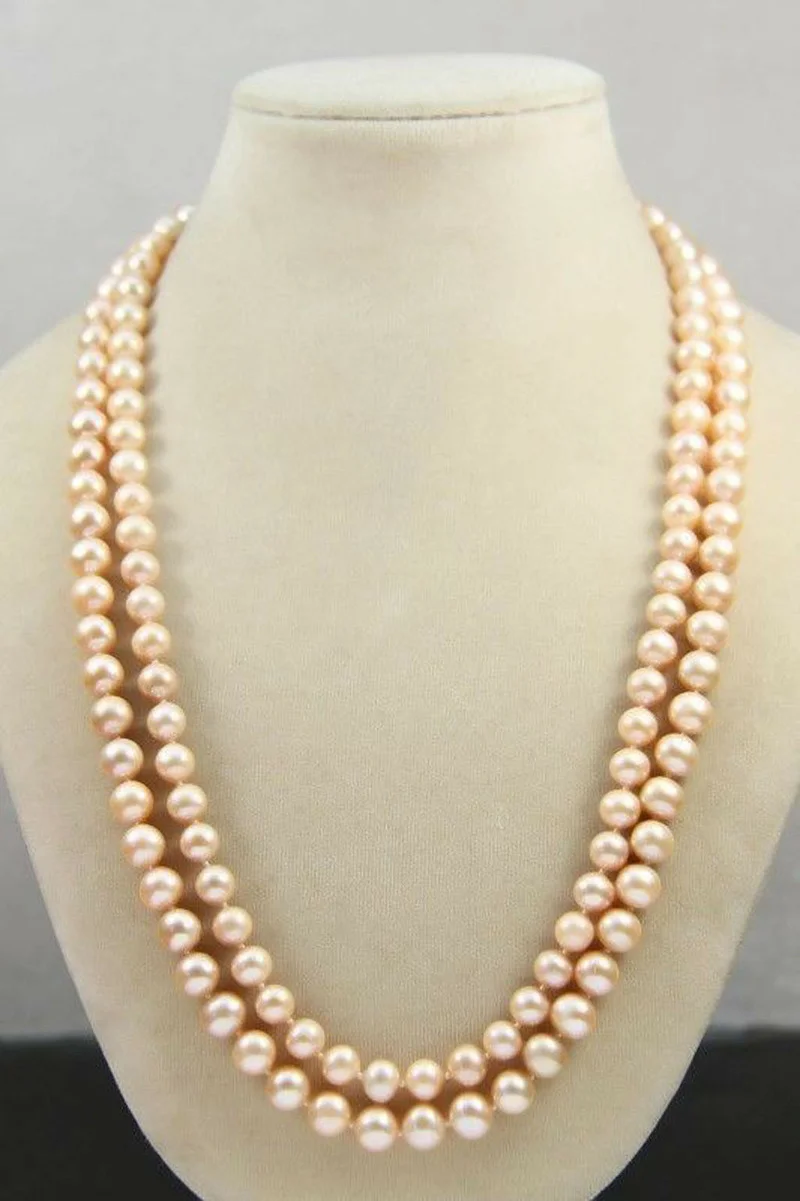 

Long 50'' Natural 7-8mm Real Akoya Pink Freshwater Cultured Pearl Necklace AA