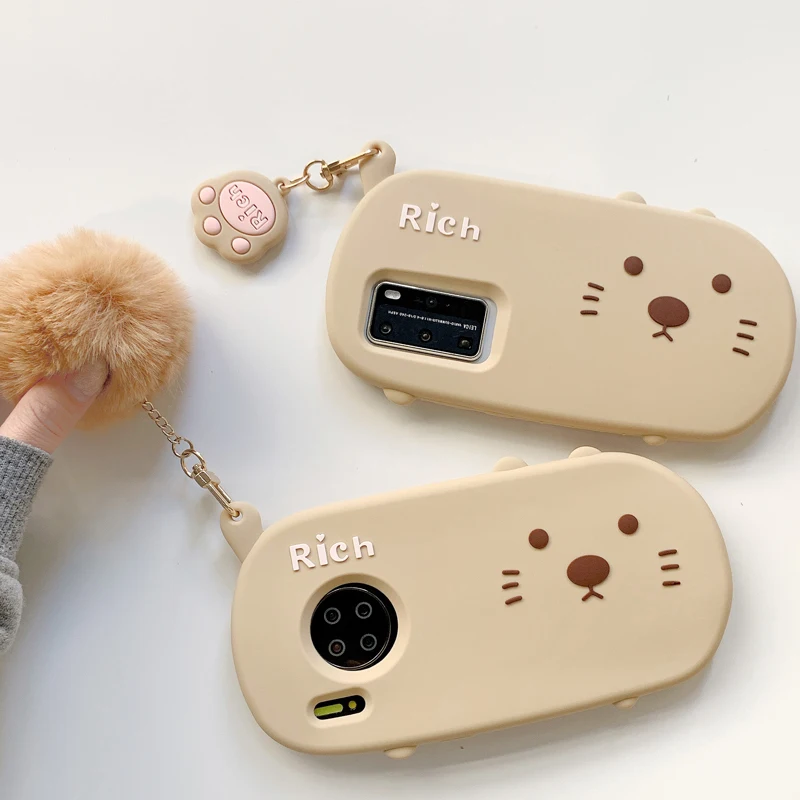 

3D милый мультяшный чехол для телефона с рисунком котенка для Huawei P30 P40 Mate 30 Nova 5 7 Pro Брелок с подвеской помпоном меховой шар мягкий чехол