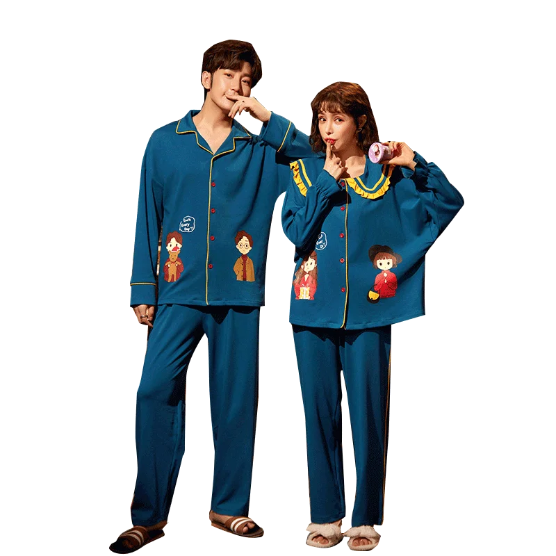 Pure Cotton New Autumn Winter Couple Pajamas Sets Cardigan Korean Style Sweet Cartoon Home Sleep Lover Pyjamas For Women Or Men | Мужская