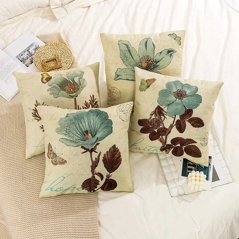 

Lotus Leaf Butterfly Flowers Pattern Throw Pillow Case Boho Floral Cushion Cover & Green Plant Pattern Pillow Case