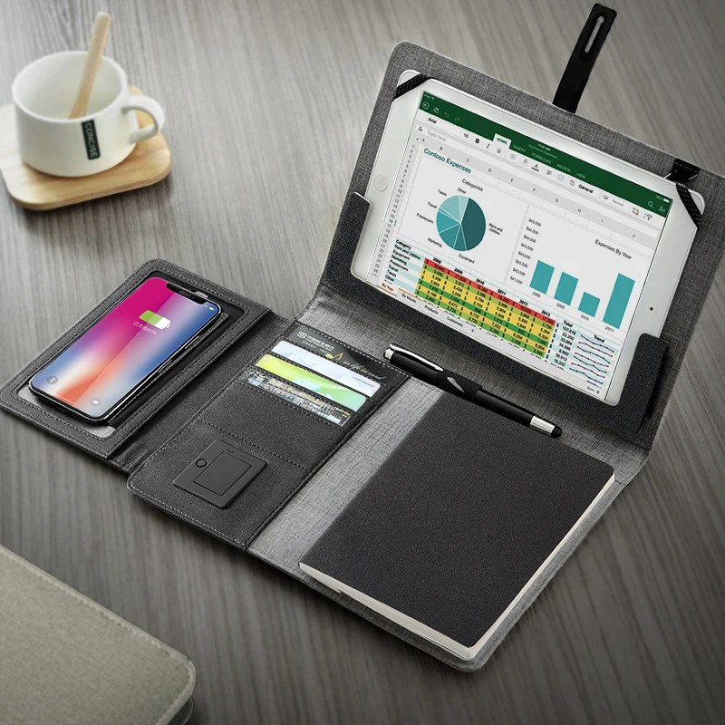 Бизнес Путешествия B5 сумка менеджера портативный padfolio ноутбук с power bank зарядное устройство провода и беспроводной зарядки iPad замок