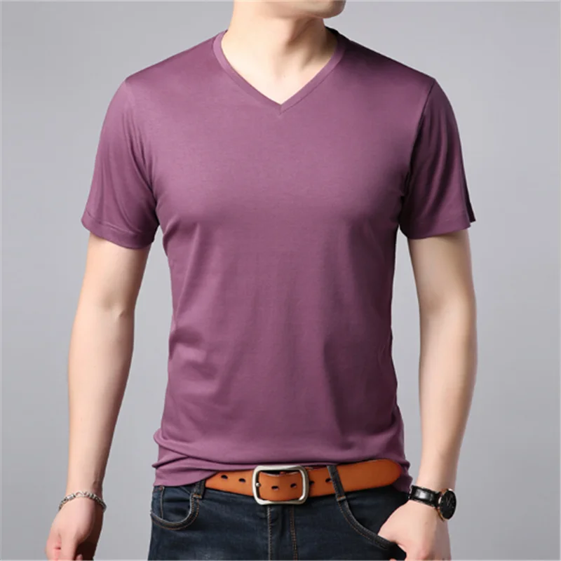 

Men's Mercerized Cotton Short-sleeve T-shirt Summer New Solid Color V-neck casual Slim fit Tee harajuku streetwear mens clothing