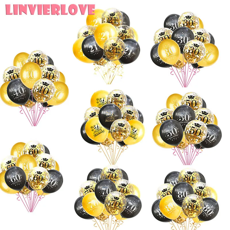 15 шт Смешанные золотые конфетти латексные шары 12 дюймов номер 21 30 40 50 60 70 80 лет