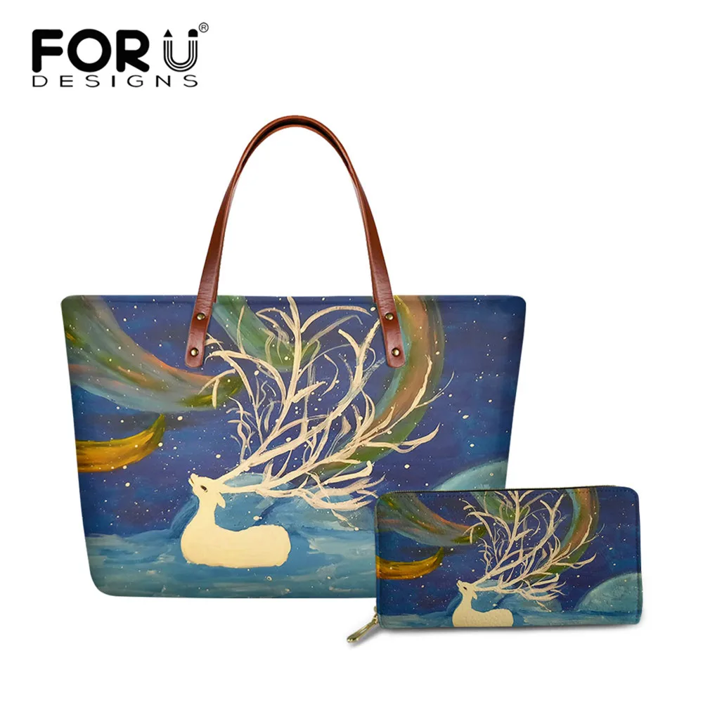 

Комплект женских сумок FORUDESIGNS из 2 предметов с кошельком из ПУ кожи, изящные сумки-тоуты с узором в виде лося, повседневные сумки-мессенджеры,...